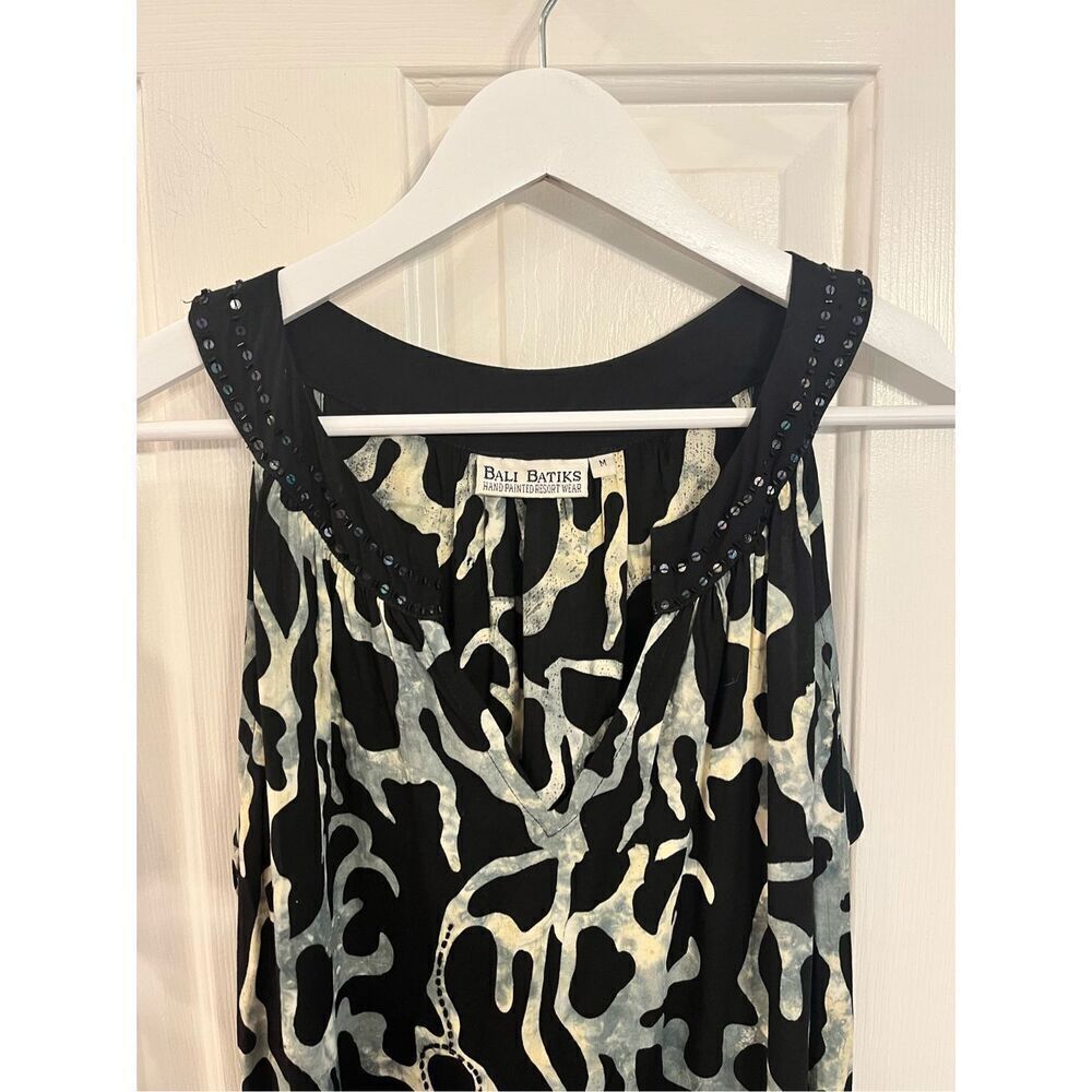 Bali Batiks Hand Painted Black & Green Swirl Sleeveless Resort Dress sz M EUC